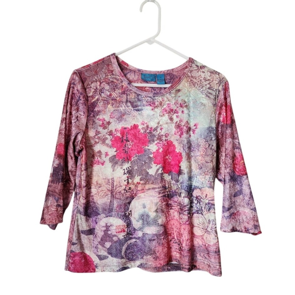 TEE CO VINTAGE Y2K Cherry Blossom artsy crushed velvet blouse romantic Size L